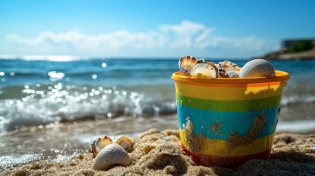 A colorful beach bucket filled with sand and seashells sitting on a sunlit shoreline with gentle waves in the background.の素材
