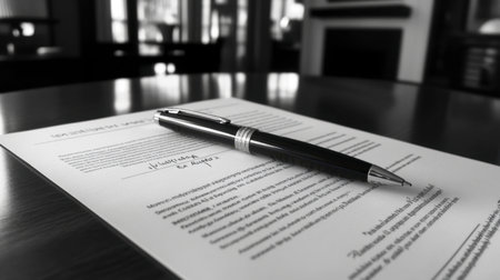 A close-up shot of a pen resting gently on a document, ready for an important task or signature.の素材