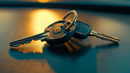 A close-up of car keys placed on a cozy home desk, with the keys reflecting light from a nearby window.の素材