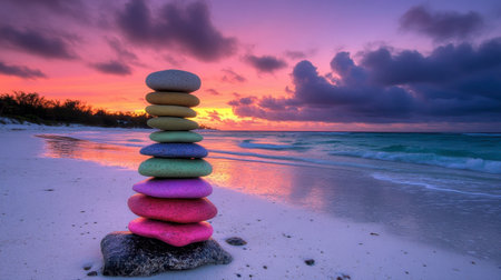 A colorful stack of smooth stones on the beach, with a beautiful sunset casting vibrant hues across the scene.の素材