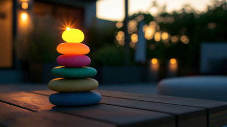 A colorful pebble stack catching the warm glow of a setting sun, perfect for mindfulness and travel themes.の素材