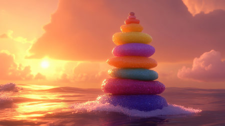 A colorful pebble stack symbolizing life balance, with a serene ocean and golden sunset in the background.の素材