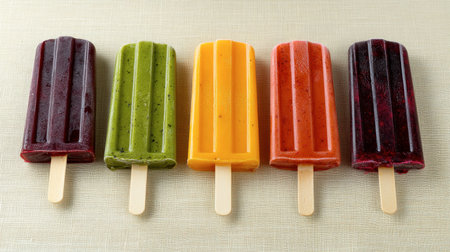 A creative summer concept featuring an assortment of colorful popsicles laid symmetrically on a beige backdrop.の素材