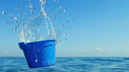 A creative shot of a sea bucket being used to capture a wave, symbolizing summer fun.の素材