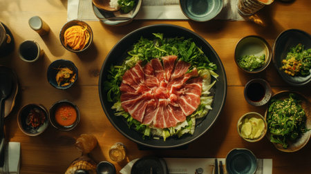 A cozy home-cooked meal with a shabu pork pan, fresh greens, and dipping sauces displayed beautifully.の素材
