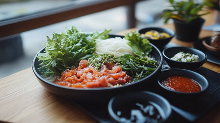 A cozy home-cooked meal with a shabu pork pan, fresh greens, and dipping sauces displayed beautifully.の素材