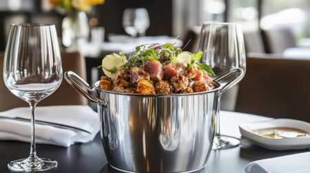 A decorative seafood bucket with sashimi-grade tuna, served with soy sauce and ginger.の素材
