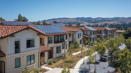 A community solar project funded by corporate ESG initiatives, engaging local residents in renewable energy use.の素材