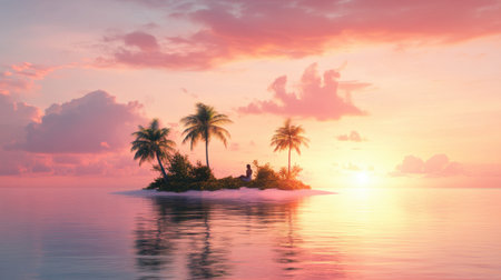 A couple enjoying a scenic sunset on a private Maldives island with pink skies and calm waters.の素材