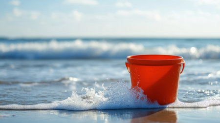 A creative shot of a sea bucket being used to capture a wave, symbolizing summer fun.の素材