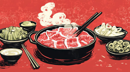 A cozy home setting featuring a shabu pork pan, chopsticks, and steaming bowls of freshly cooked broth.の素材