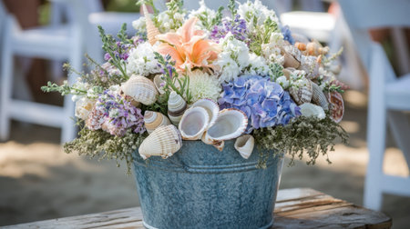 A decorative sea bucket filled with flowers and seashells, used as a centerpiece for a beach wedding.の素材