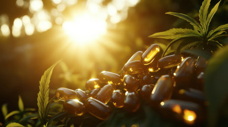 A detailed shot of a cannabis plant, CBD capsules, and oil bottles, creating a bright, uplifting natural setting.の素材