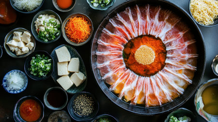A dining scene showcasing a shabu pork pan with bowls of noodles, tofu, and colorful dipping sauces.の素材