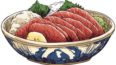 A decorative seafood bucket with sashimi-grade tuna, served with soy sauce and ginger.の素材