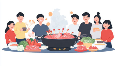 A festive gathering with a shabu pork pan at the center, surrounded by smiling people and colorful ingredients.の素材