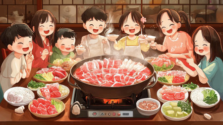 A family dining scene with a shabu pork pan at the center, surrounded by smiling faces and delicious food.の素材