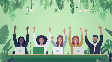 A diverse team of corporate professionals celebrating their ESG milestones in a green-themed conference room.の素材