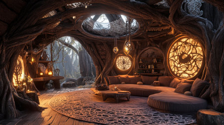 A fairy-tale-inspired living room with whimsical furniture, intricate lace designs, and a cozy atmosphere.の素材