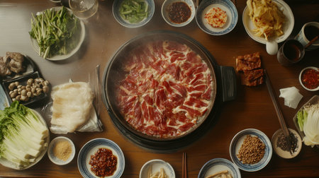 A festive table featuring a shabu pork pan at the center with plates of ingredients, chopsticks, and condiments.の素材