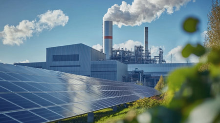 A factory using clean energy sources like solar and wind power, highlighting ESG-driven industry transformation.の素材