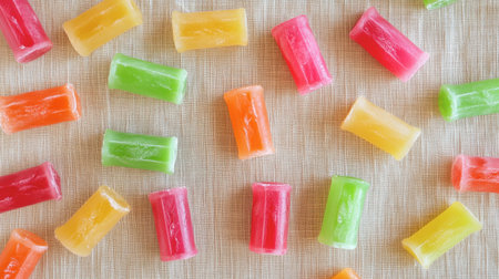 A delightful flat-lay of colorful ice cream popsicles forming an artistic pattern on a beige canvas.の素材