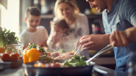 A family enjoying a hot shabu pork pan, steam rising as fresh ingredients are added to the bubbling broth.の素材