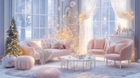 A dreamy living room setup with pastel furniture, delicate lace curtains, and charming fairy lights.の素材