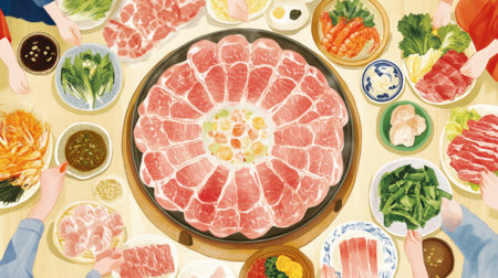 A festive gathering with a shabu pork pan at the center, surrounded by smiling people and colorful ingredients.の素材