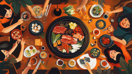 A family dining scene with a shabu pork pan at the center, surrounded by smiling faces and delicious food.の素材