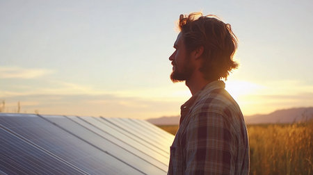 A field of solar panels reflecting the sunlight, symbolizing clean energy as part of sustainable industry practices.の素材