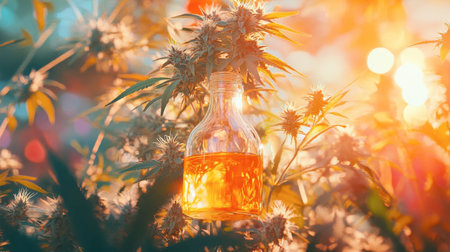 A glass bottle of CBD oil with golden liquid inside, surrounded by fresh cannabis leaves and colorful bokeh effects.の素材