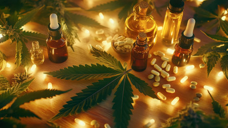 A flat lay of cannabis leaves, CBD capsules, and oil bottles on a wooden table with warm, diffused lighting and vibrant bokeh.の素材