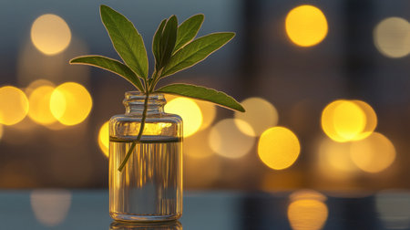 A focus on cannabis leaves and CBD oil in a glass bottle, with a playful bokeh light background evoking peace and wellness.の素材