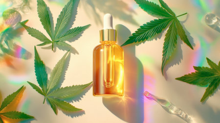 A glass bottle of CBD oil with golden liquid inside, surrounded by fresh cannabis leaves and colorful bokeh effects.の素材
