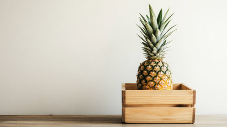 A fresh pineapple resting alone in a wooden basket, with a minimalistic background.の素材