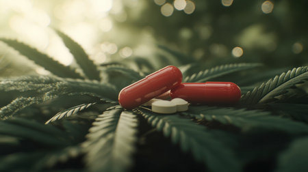 A focus on CBD oil and pills placed on cannabis leaves with a bright, cheerful outdoor bokeh setting.の素材