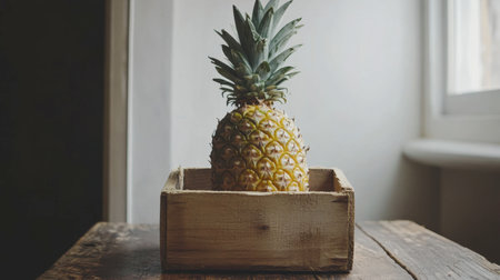 A fresh pineapple resting alone in a wooden basket, with a minimalistic background.の素材