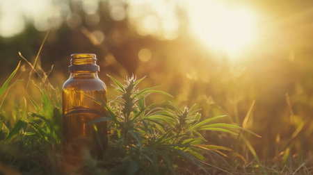 A glass bottle of CBD oil paired with cannabis leaves, set in a bright outdoor scene with playful bokeh effects.の素材