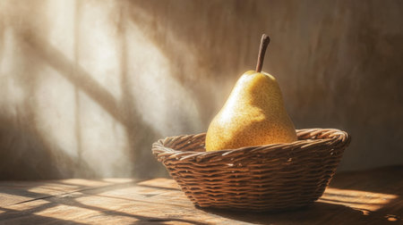 A golden pear sitting in a wooden basket, with delicate soft sunlight illuminating it.の素材