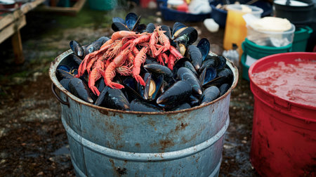 A galvanized bucket filled with steamed shellfish, including mussels, clams, and shrimp, with a side of melted butter.の素材