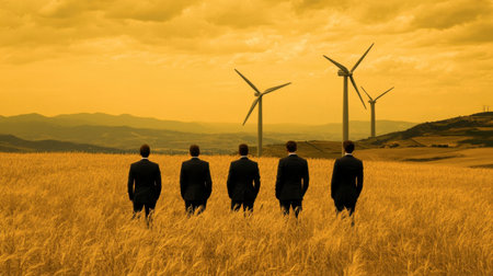 A group of executives visiting a wind farm, discussing corporate sustainability initiatives.の素材