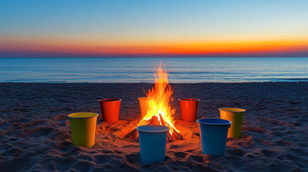 A group of sea buckets arranged around a bonfire on the beach at dusk.の素材