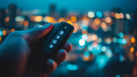 A hand holding a car key fob, with a blurred background of a modern cityscape.の素材
