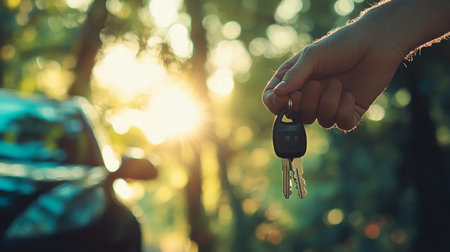 A hand holding car keys, with the car door in the background and soft sunlight filtering through.の素材