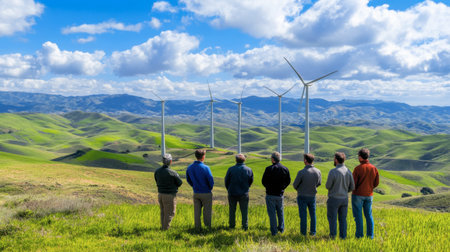 A group of executives visiting a wind farm, discussing corporate sustainability initiatives.の素材