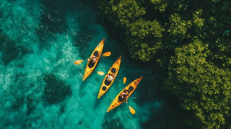 A group of tourists kayaking in the Maldives, surrounded by crystal-clear waters and lush greenery.の素材