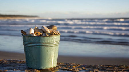 A green sea bucket filled with smooth stones and driftwood, set against a backdrop of rolling ocean waves.の素材