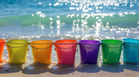 A group of sea buckets in different colors, arranged in a row on the sand with the ocean glistening behind.の素材