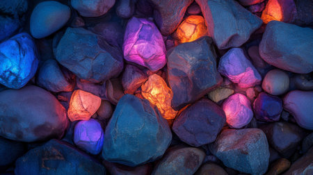 A harmonious arrangement of pebbles glowing in vibrant hues, with a soft sunset backdrop.の素材